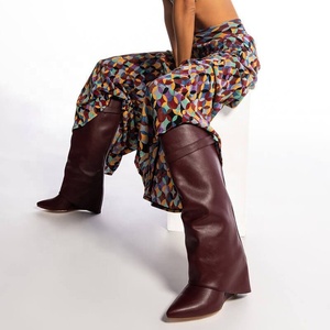 Women's Fold Over Pointy Toe Long Boots Wedge High Heel Overlay <b>Shoes</b> Woman Trouser Leg Knee High Custom Booties - Product Image 3