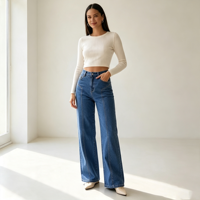 Jean droit taille haute pour femme, avec couture avant, en denim extensible large, bleu foncé, vente en gros usine