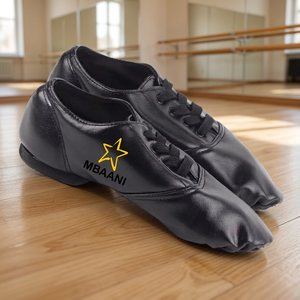 MBAANI Zapatos de baile de jazz de cuero genuino negro para mujer, zapatos planos de práctica con suela dividida y cordones - Product Image 2