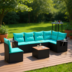 Set Divano da Esterno Moderno in Polyrattan Nero con Cuscini, Arredamento da Giardino, 7 Pezzi Componibili - Product Image 2