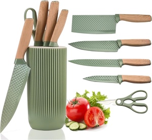 Couteau de cuisine Cuchillos en acier inoxydable avec manche en bois, ensemble de couteaux de chef avec support en plastique - Product Image 1