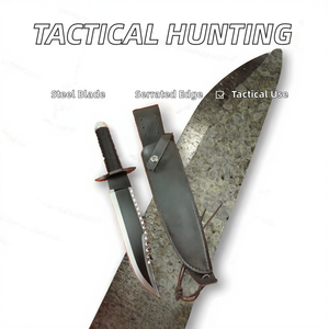 Couteau tactique de chasse d'extérieur à lame fixe en acier inoxydable, bord dentelé, pointe tombante, manche en plastique, étui en cuir OEM BA - Product Image 2