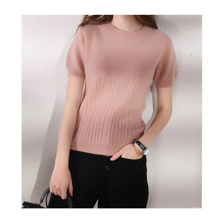 Square Fonda OEM Manufacture Cashmere Round Neck T-shirt Girl Women Puff sleeve short T Shirts.