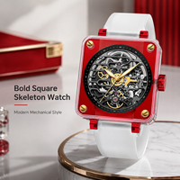 Montre-bracelet automatique carrée personnalisée, étanche, mouvement squelette tourbillon, montre mécanique en saphir pour homme