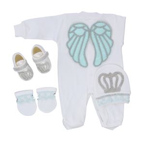 Conjunto de 4 piezas de alta calidad y lujo moderno al por mayor, Pelele de bambú personalizado para recién nacido, conjunto de bebé Ángel completo de encaje menta, 100% algodón para - Product Image 1