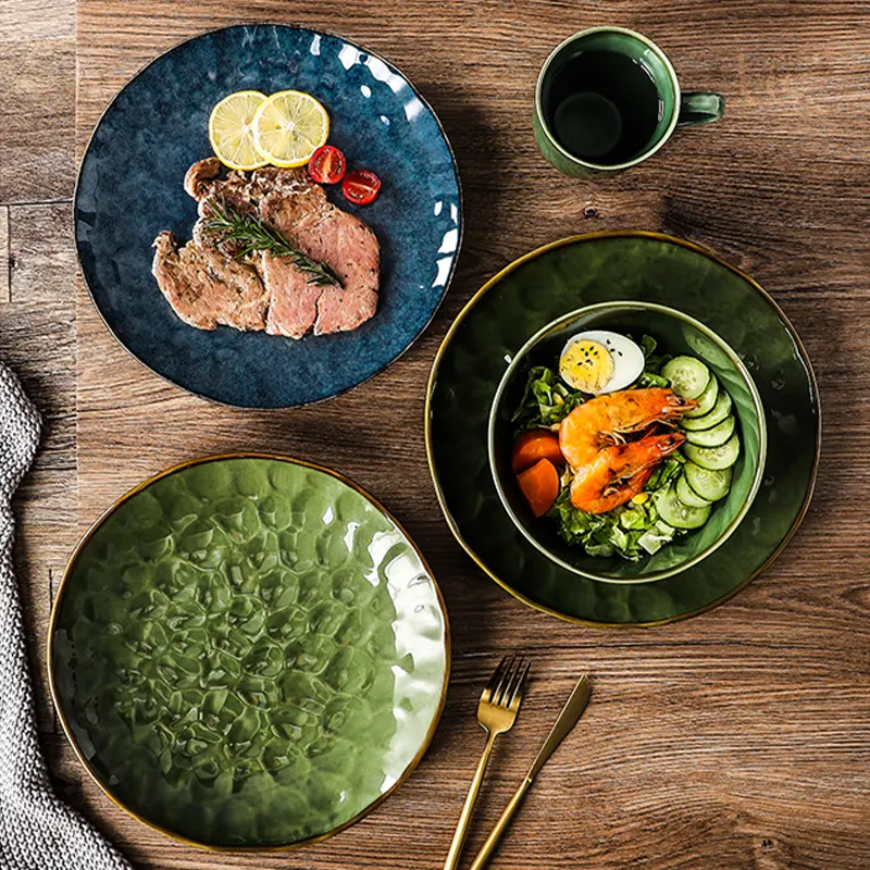 Bắc Âu Sứ Bữa Ăn Tối Tấm Đặt Các Món Ăn & Tấm Màu Xanh Màu Xanh Lá Cây Bộ Đồ Ăn Đám Cưới Trang Trí Salad Bát Cốc Nhà Và Nhà Bếp