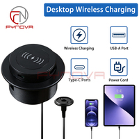 Table de bureau Fynova avec port USB A+C rétractable intégré, chargeur sans fil 3 en 1 15W pour hôtel, café, bureau