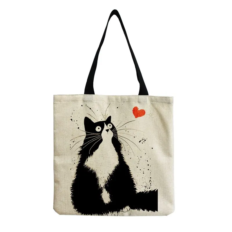 Cartoon Cute Cat Cotton Linen Shopping Tote Bag Can Be One Shoulder Portable Reusable Environmental Protection Ladies Cloth Bag