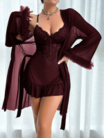Robe personnalisable en maille transparente à volants pour femme et nuisette en dentelle à col en V, bustier ajouré, mini-robe décontractée