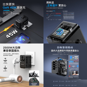 OULiYO Travel <b>Adapter</b> 45W PD GaN Dual <b>Type</b> <b>C</b> Universal Charging Plug for Global Use - Product Image 1