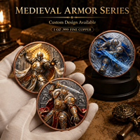 Pièce de monnaie en cuivre pur 999 de 1 oz, série Armure Médiévale, Guerrier en relief 3D coloré, édition collector UV