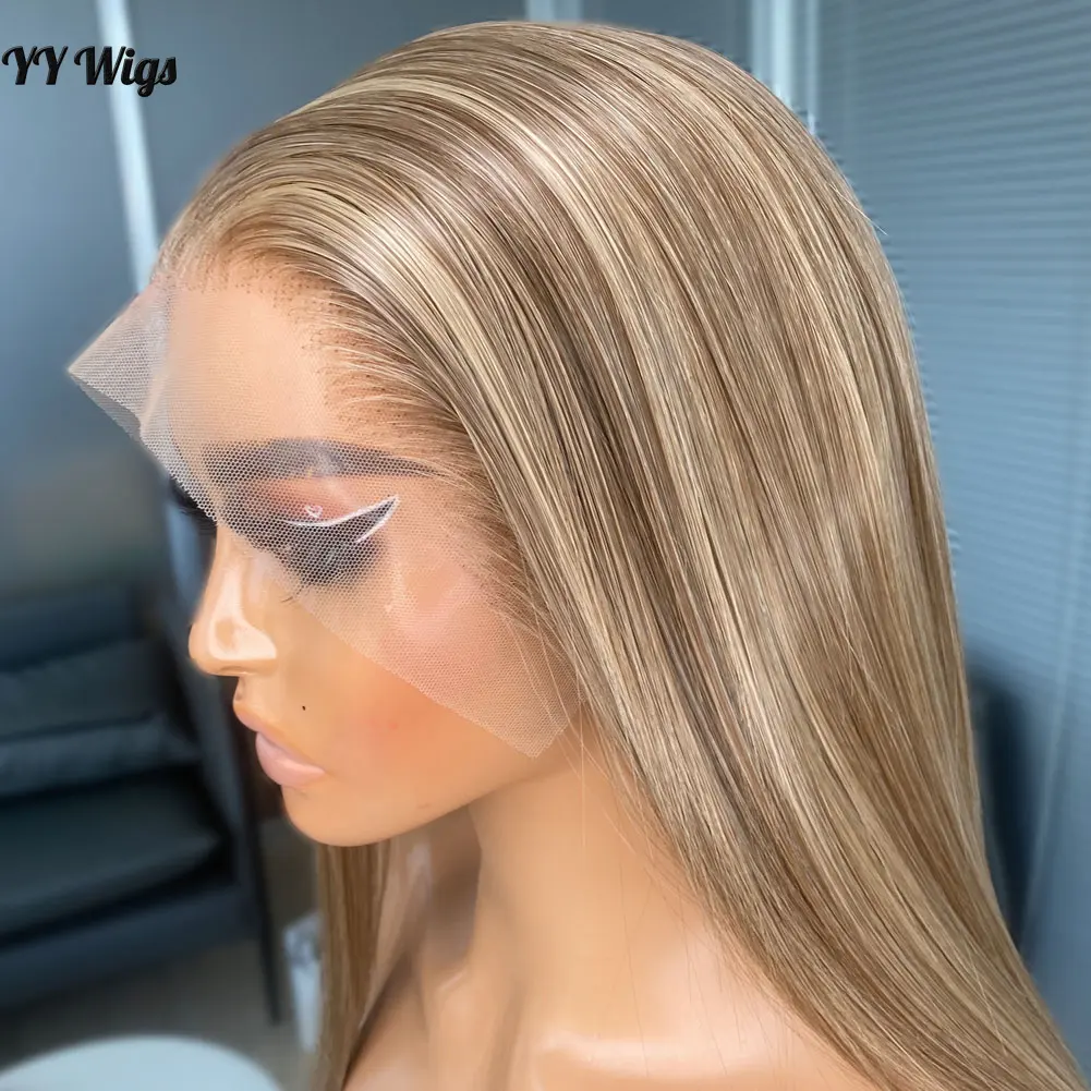 Long Blonde Highlights 13X4 Lace Front Wig Futura Silky Straight Synthetic Heat Resistant Half Hand Tied Wigs For Women