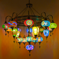 Lustre turc en fer à 21 lumières, mosaïque, style vintage marocain, lampe suspendue artisanale en verre teinté, éclairage LED pour plafond, hôtel