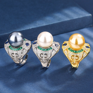 Anillo de dedo índice de <span class=keywords><strong>perla</strong></span> de lujo ligero, <span class=keywords><strong>esmalte</strong></span> con microincrustaciones de <span class=keywords><strong>agua</strong></span> en forma de gota, anillo de <span class=keywords><strong>perla</strong></span> <span class=keywords><strong>gris</strong></span> de circón, regalo de vacaciones - Product Image 1