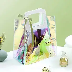 Оптовая продажа, прозрачная Переливающаяся сумка-тоут с логотипом на заказ, голографическая сумка из ПВХ, Подарочная сумка с ручкой