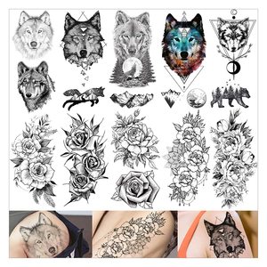 10 fogli Vintage adulti geometrici Black Wolf Rose Face Half Arm adesivi per tatuaggi temporanei impermeabili - Product Image 5