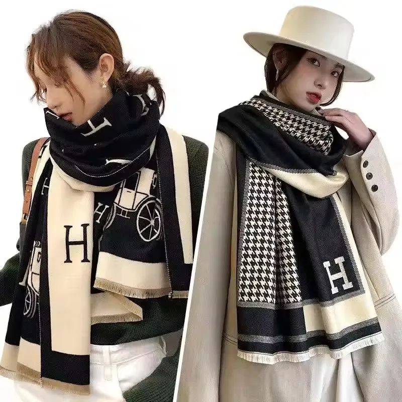 Lüks ünlü marka tasarımcı eşarp yün siyah & beyaz ekose püskül atkılar kadınlar için moda kış sıcak eşarp