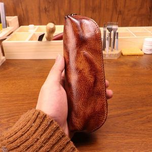 Bolso de Cuero de Primera Capa, Estilo Retro con Tratamiento de Envejecimiento y Frotado de Color, Estuche para Bolígrafos de Cuero de Grano Completo - Product Image 2