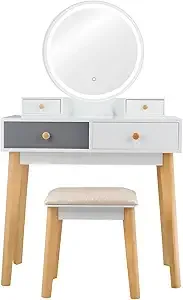 Ensemble de coiffeuse avec miroir LED, 3 modes d'éclairage coloré et luminosité réglable, avec tabouret rembourré pour <span class=keywords><strong>filles</strong></span> - Product Image 3