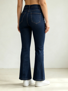 Jean en denim évasé taille haute pour femme, délavage foncé, longueur intégrale, décontracté, respirant, coupe skinny, 100 % coton - Product Image 2