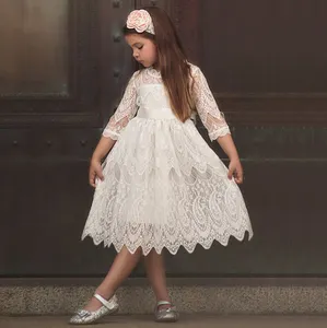 Gaun Anak Perempuan 3-7 Tahun, Gaun Pesta Renda Semi Formal dengan Lengan Pita Rok Lipat, Pakaian Putri