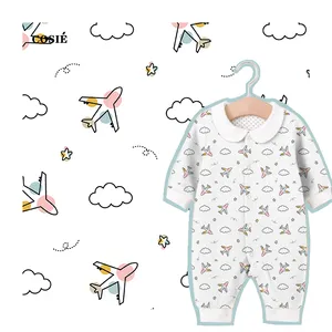 Tissu tricoté en Jersey 95% coton, 5% élasthanne, impression numérique, 220g/m2, coton biologique, dessin animé, avion et nuages pour vêtements