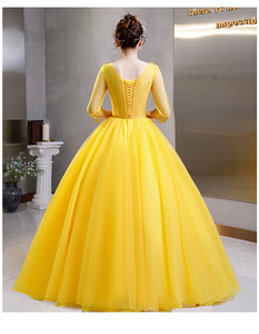 S1575N Nuovo Abito da Sera Lungo <span class=keywords><strong>Giallo</strong></span> a <span class=keywords><strong>Maniche</strong></span> <span class=keywords><strong>Lunghe</strong></span> con Gonna Voluminosa e Vita Alta in Chiffon per Performance Vocali - Product Image 5