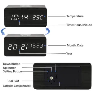 Electronic Table Wooden LED Digital Alarm Clock With Temperature Led Light Digital Calendar Clock Customized