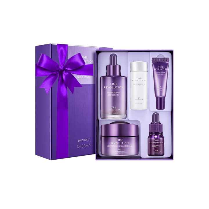 ชุดของขวัญ5X สำหรับ Missha Time Revolution ชุดของขวัญบำรุงผิวแบบเกาหลีครีมซ่อมแซมกลางคืน5X เอสเซนส์แรก5X การเล่นสกีที่อ่อนเยาว์