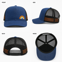 Casquette Trucker Bleue Personnalisée avec Patch Brodé Arc-en-ciel, Dos en Maille, Visière Courbée, Fermeture Snapback, Réglable, Vente en Gros, OEM, Faible MOQ
