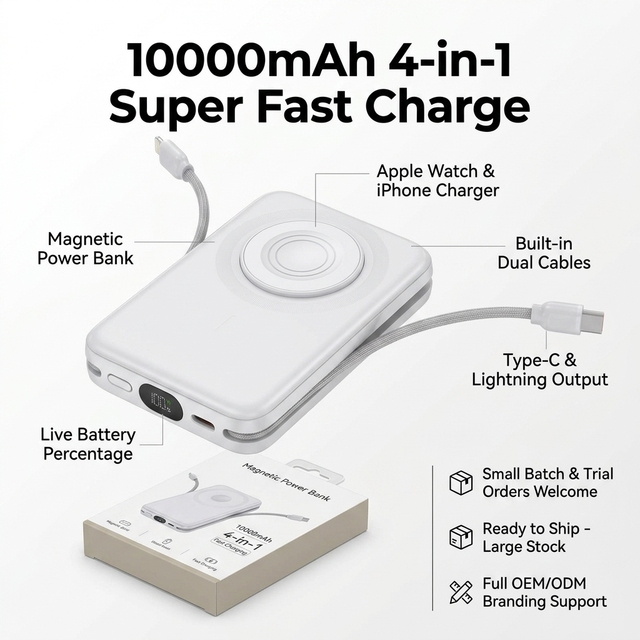 Wholesale Neutral Packaging 10000mAh Magnetic Wireless Power Bank 22.5W Built-in USB-C Cable LED 2.5W Watch External Battery
