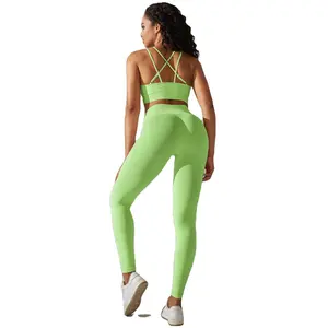 Yoga gym vêtements costume vêtements de sport femmes taille haute Leggings et haut deux pièces ensemble sans couture survêtement Fitness entraînement tenues