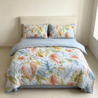Parure de lit imprimée feuilles botaniques, en microfibre douce et respirante, respectueuse de la peau, housse de couette, drap et taie d'oreiller