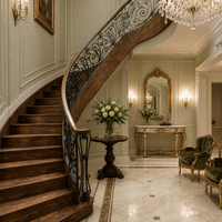 Escalier intérieur courbé en fer forgé avec balustrade, marches et contremarches en bois massif, design moderne pour villa et maison, décoration intérieure, main courante, conception d'escalier