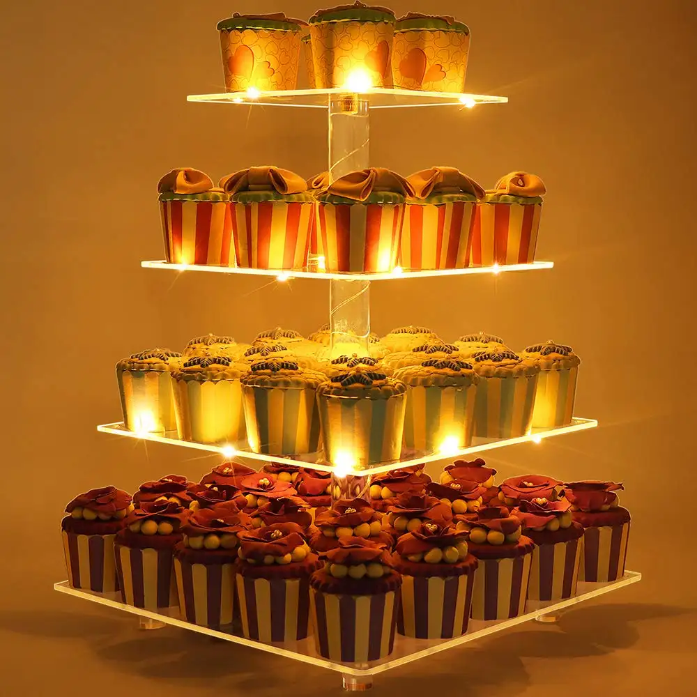 Cupcake Stand Square Food Grade - 4 Tier Acrylic Cupcake Display Stand Tower Holder with LED String Lights - Dessert Tree