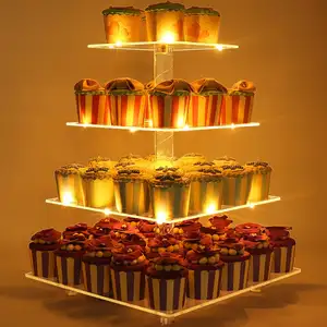 Cupcake Stand Vierkante Food Grade - 4 Tier Acryl Cupcake Display Stand Toren Houder Met Led String Lights - Dessert boom