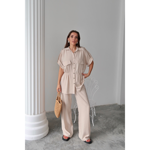 Set <span class=keywords><strong>Camicia</strong></span> <span class=keywords><strong>e</strong></span> Pantaloni in Lino <span class=keywords><strong>Beige</strong></span> con Coulisse in Vita per Donna Taglia S - Product Image 2