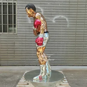 Estátua de boxer em fibra de vidro em tamanho real para decoração de interiores, pessoas famosas, galvanoplastia colorida