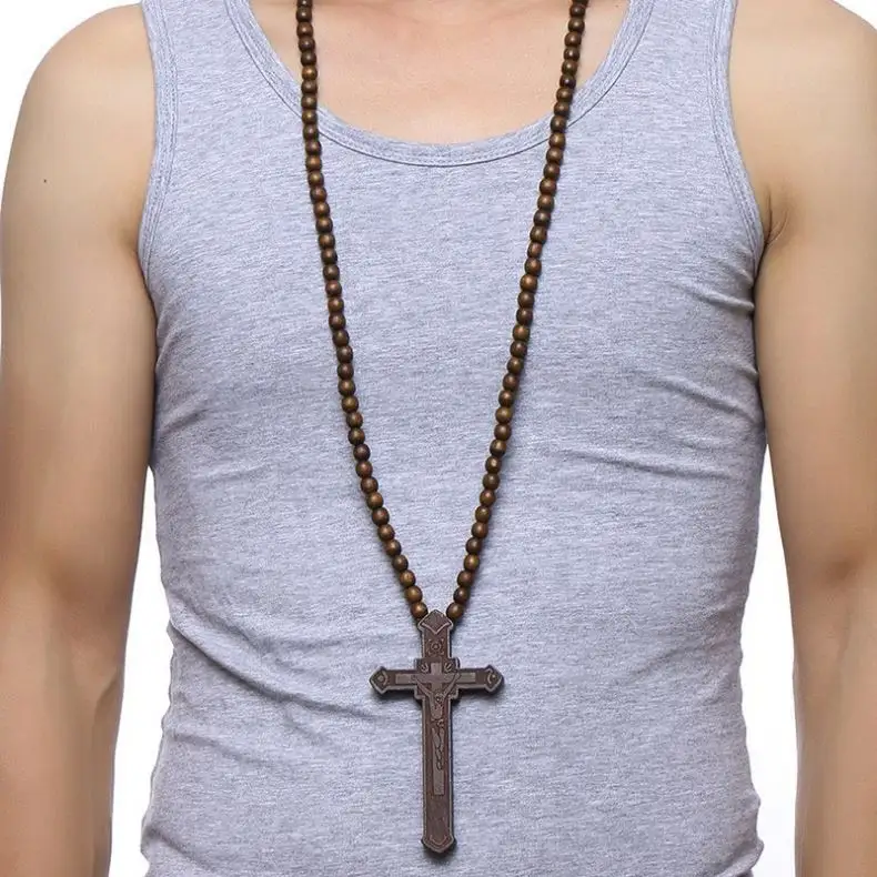 Tryme 36 "largo Rosario collar grande madera Jesucristo Cruz colgante con cuentas de madera suéter cadena declaración joyería