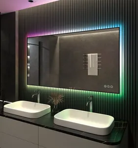 Espejo de pared inteligente con pantalla táctil, espejo cosmético con marco cuadrado, Led mágica, luz RGB personalizada