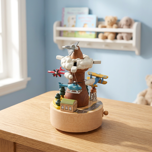 [1A] Boîte à musique à manivelle en érable dur avec son de 30 secondes pour enfants, modèle avion à hélices - Product Image 3