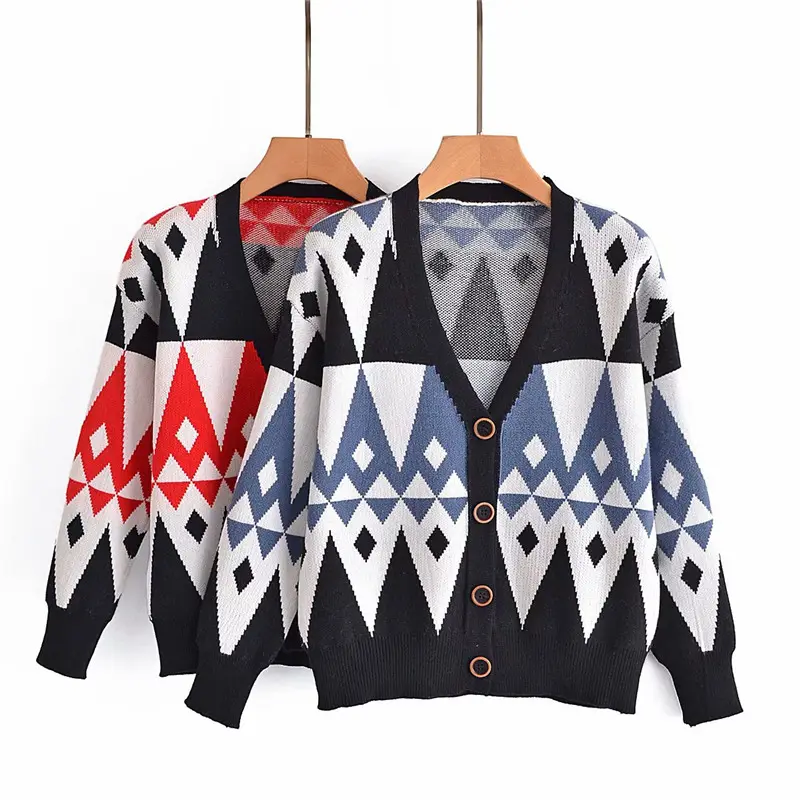 Long Sleeve Knit Jacquard V Neck Clothes Fashion Red Blue Knitted Sweater Muslim Cardigan Designer