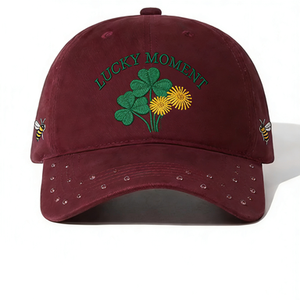 Casquette de baseball bordeaux à texture douce, broderie 3D trèfle à quatre feuilles, pissenlit, abeille avec œillets décoratifs, chapeau décontracté porte-bonheur - Product Image 2