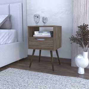 Fugaz Nightstand Open <b>Shelf</b> Single Drawer Dark <b>Walnut</b> Finish Bedroom Furniture - Product Image 1