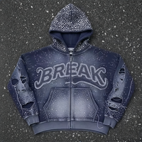Sweat à capuche streetwear personnalisé pour homme, avec strass, broderie, coupe ample, grammage lourd, effet vintage délavé à l'acide et appliqué vieilli