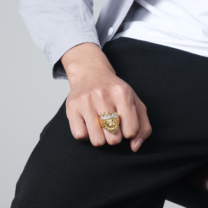 Crown Lion Head Men's <b>Ring</b> <b>Titanium</b> Steel Plated 18K Gold Diamond Inlaid Hip Hop Jewelry Gift - Product Image 2
