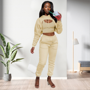 Solid Color Pockets <b>Thin</b> <b>Hoodie</b> Sport Joggers Two Piece Pants Set Women Fashion - Product Image 4