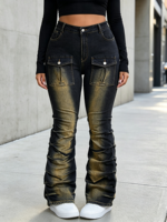 Celana Jeans Wanita High Waist Warna Bronze Faded Wash Model Cargo Flare dengan Saku Kancing dan Lipatan, Kaki Bertumpuk, Slim Fit, Gaya Y2K Street Fashion