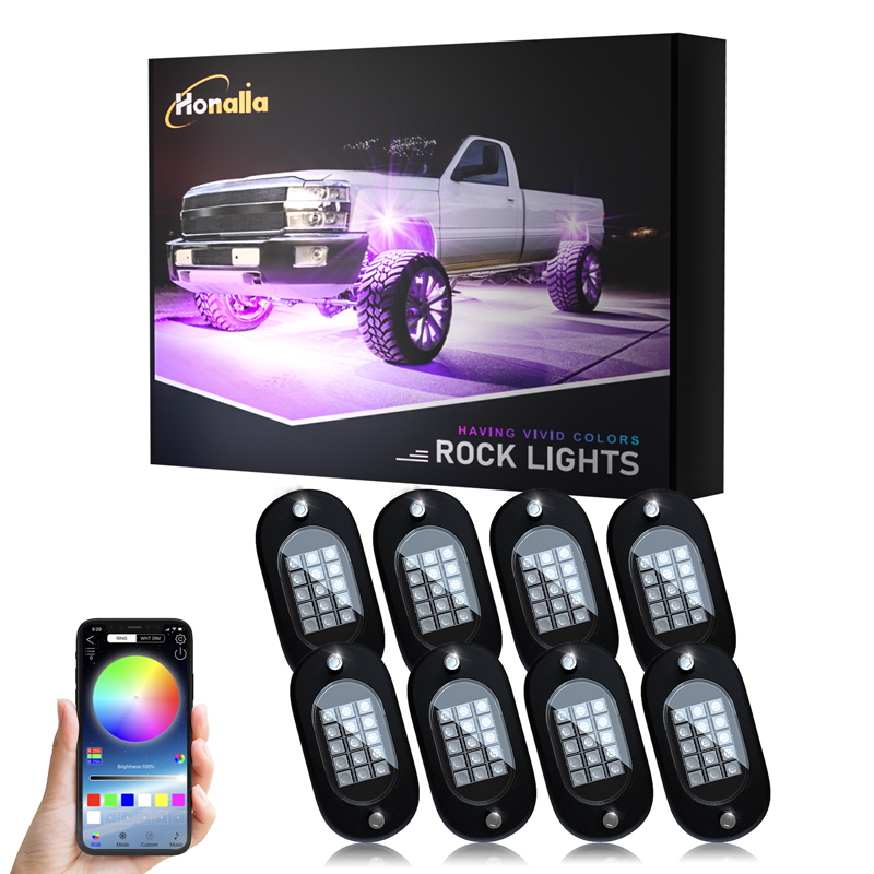 Smart RGB SMD5050 PC Material Underglow Lights Wireless App Music Control LED Rock Lights for Trucks Jeeps UTVs Waterproof IP68