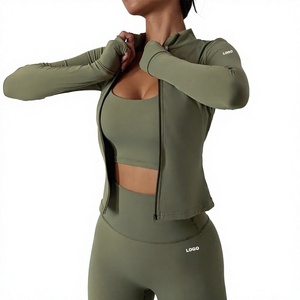 Veste de yoga pour femme vert olive à demi-zip, manches longues, couleur unie, coupe courte, séchage rapide, vêtements de sport et de fitness - Product Image 1